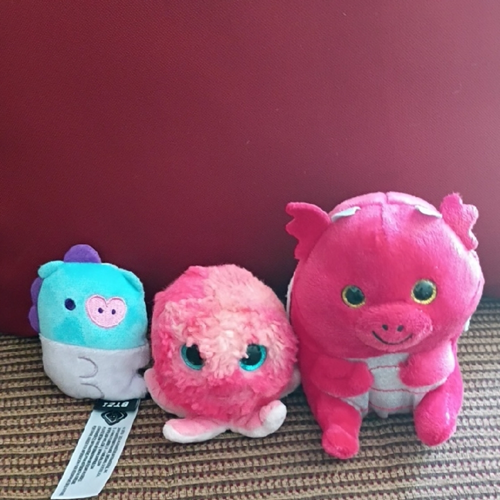 Plush Toy Bundle - Pink, Blue, Red.  (Set Of 3)